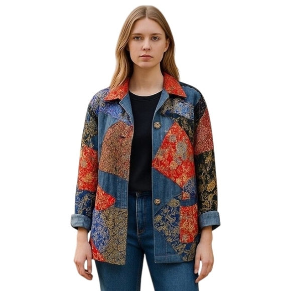 Chico's Jackets & Blazers - Chicos Patchwork Denim Jacket Womens Size Small Boho Jacquard Festival Vintage